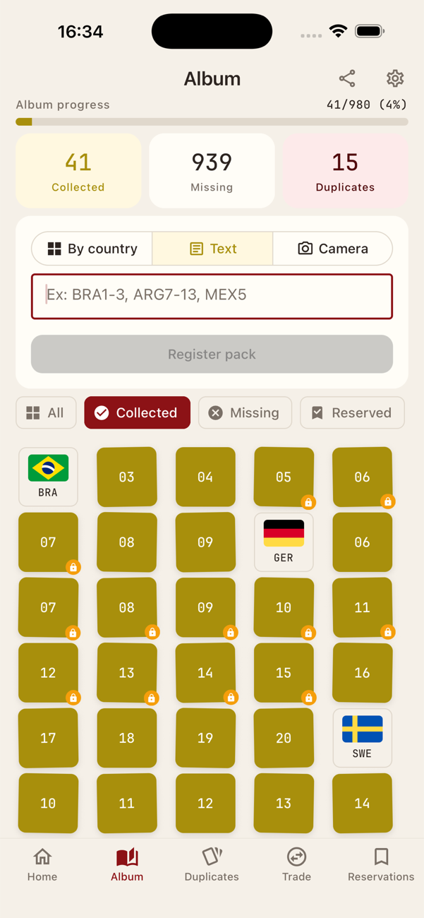 Album showing grid of stickers organized by team