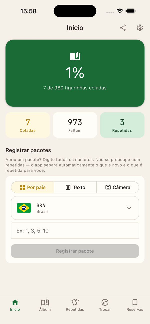 Tela inicial mostrando 67% de progresso e estatísticas da coleção
